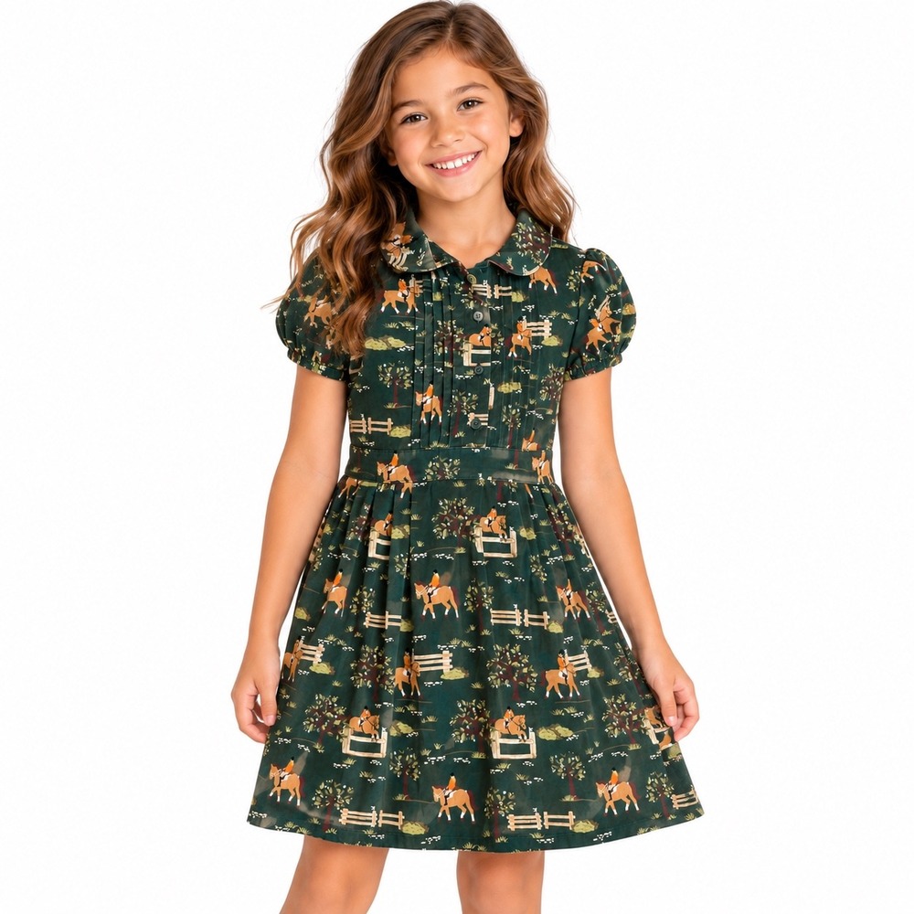 Gymboree Riding Club Girls Size 8 Horse Equestrian Print Green Tie Back Dress